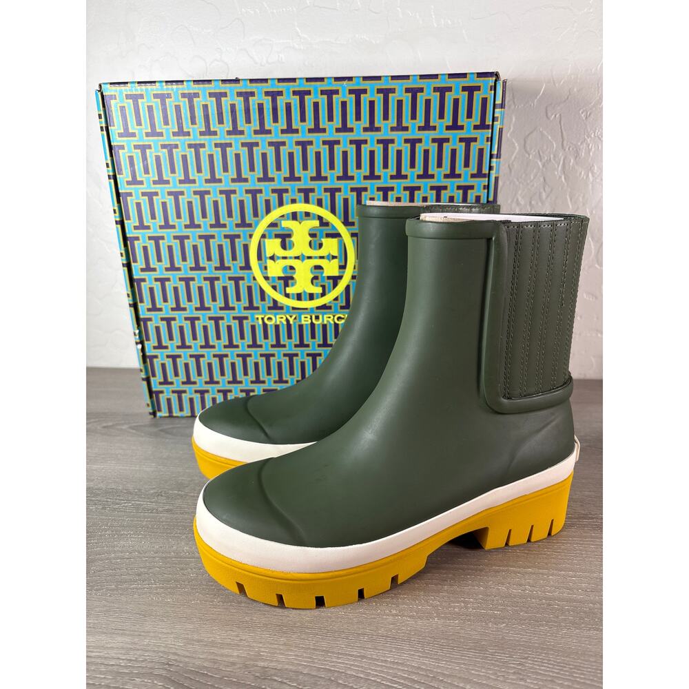 TORY BURCH Foul Weather Lug Sole Ankle Rubber‎ Rain Boot US 5 M Green/Yellow